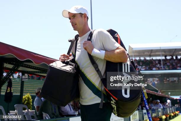 Andy Murray of Great Britain is seen after winning the match during day two of the 2023 Kooyong Classic at Kooyong on January 11, 2023 in Melbourne,...