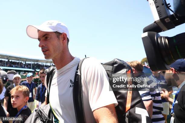 Andy Murray of Great Britain leaves the court after the match during day two of the 2023 Kooyong Classic at Kooyong on January 11, 2023 in Melbourne,...