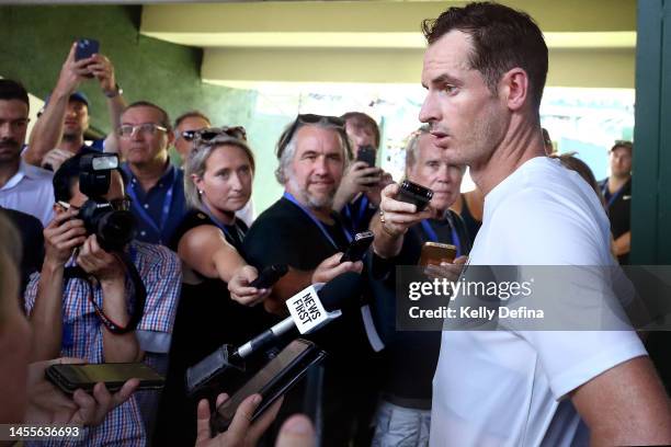 Andy Murray of Great Britain speaks to the media during day two of the 2023 Kooyong Classic at Kooyong on January 11, 2023 in Melbourne, Australia.