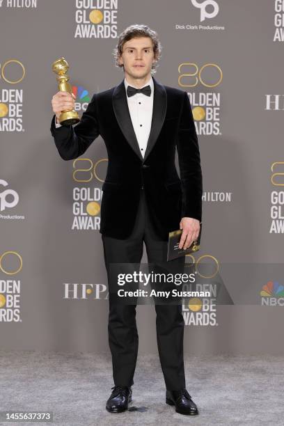 Evan Peters poses with the Best Actor in a Limited or Anthology Series or Television Film award for "Dahmer – Monster: The Jeffrey Dahmer Story" in...