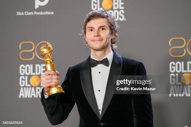 Evan Peters poses with the Best Actor in a Limited or Anthology Series or Television Film award for "Dahmer – Monster: The Jeffrey Dahmer Story" in...