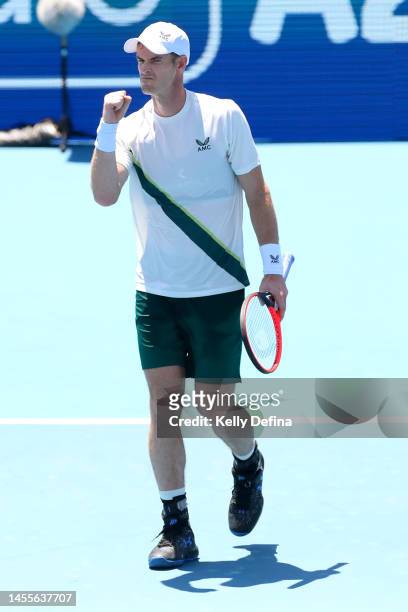 Andy Murray of Great Britain celebrateduring day two of the 2023 Kooyong Classic at Kooyong on January 11, 2023 in Melbourne, Australia.