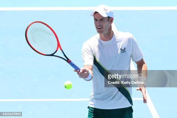 Andy Murray of Great Britain volleys during day two of the 2023 Kooyong Classic at Kooyong on January 11, 2023 in Melbourne, Australia.