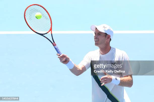 Andy Murray of Great Britain volleys during day two of the 2023 Kooyong Classic at Kooyong on January 11, 2023 in Melbourne, Australia.