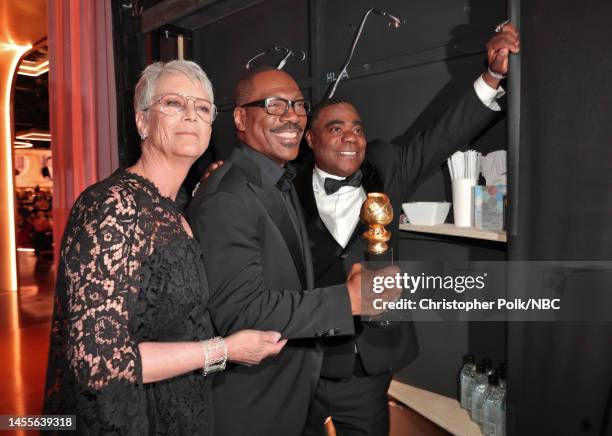 80th Annual GOLDEN GLOBE AWARDS -- Pictured: Jamie Lee Curtis, Honoree Eddie Murphy, Tracy Morgan pose backstage with the Cecil B. DeMille Award at...