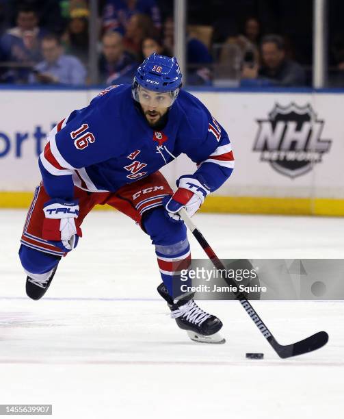 Vincent Trocheck of the New York Rangers controls the puck during the game against the Minnesota Wild at Madison Square Garden on January 10, 2023 in...