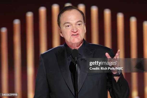 80th Annual GOLDEN GLOBE AWARDS -- Pictured: Quentin Tarantino speaks onstage at the 80th Annual Golden Globe Awards held at the Beverly Hilton Hotel...