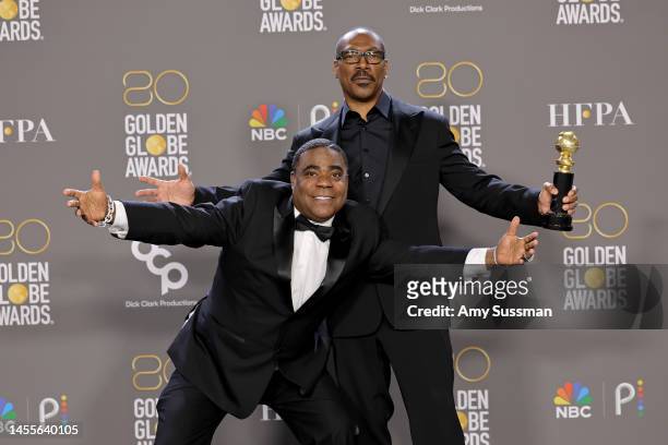 Tracy Morgan poses with Eddie Murphy, winner of the Cecil B. Demille Award, in the press room during the 80th Annual Golden Globe Awards at The...