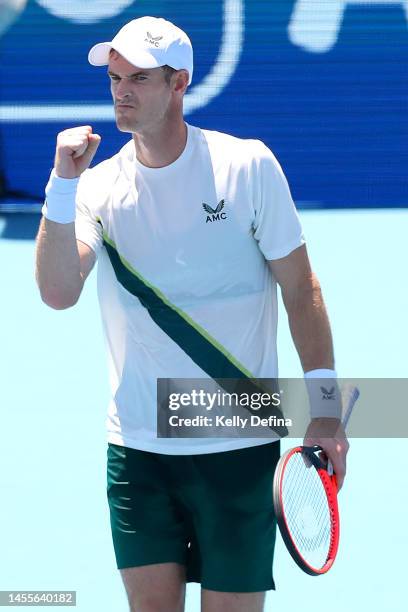 Andy Murray of Great Britain celebrates during day two of the 2023 Kooyong Classic at Kooyong on January 11, 2023 in Melbourne, Australia.