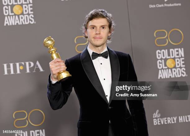 Evan Peters poses with the Best Actor in a Limited or Anthology Series or Television Film award for "Dahmer – Monster: The Jeffrey Dahmer Story" in...