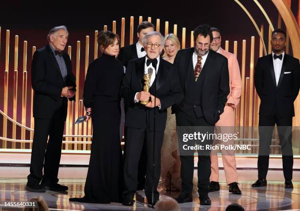 80th Annual GOLDEN GLOBE AWARDS -- Pictured: Judd Hirsch, Kristie Macosko Krieger, Paul Dano, Steven Spielberg, Tony Kushner and Seth Rogen accept...