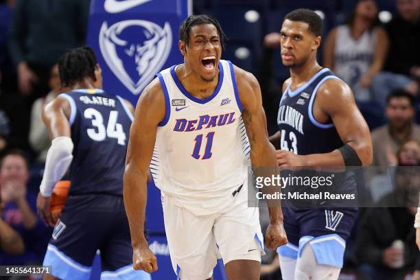 Eral Penn of the DePaul Blue Demons celebrates a basket against the Villanova Wildcats during the second half at Wintrust Arena on January 10, 2023...