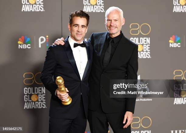 Colin Farrell and Martin McDonagh, winners of Best Picture - Musical/Comedy for "The Banshees of Inisherin", pose in the press room during the 80th...