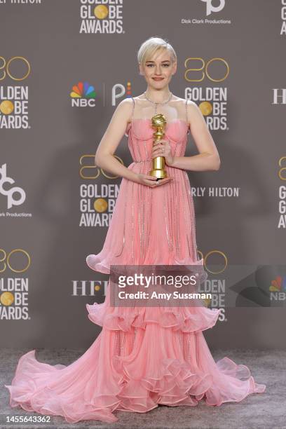 Julia Garner poses with the Best Supporting Actress in a Television Series – Musical-Comedy or Drama award for "Ozark" in the press room during the...