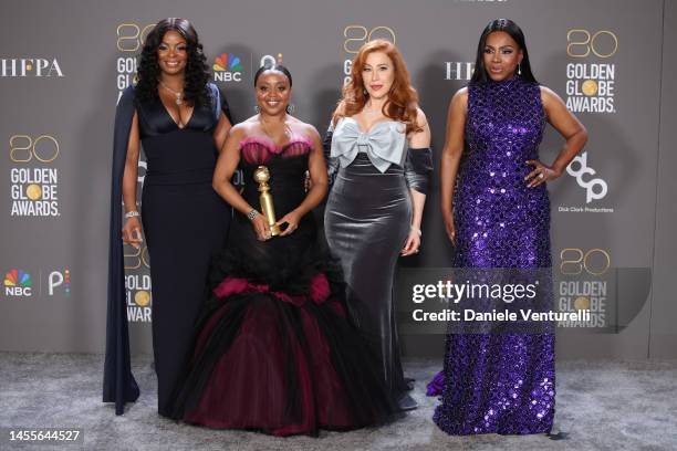 Actress Quinta Brunson poses with the award for Best Television Actress - Musical/Comedy Series for "Abbott Elementary" alongside US actress Janelle...