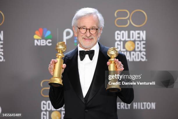 Steven Spielberg, winner of Best Director - Motion Picture and Best Picture - Drama for "The Fabelmans", poses in the press room during the 80th...