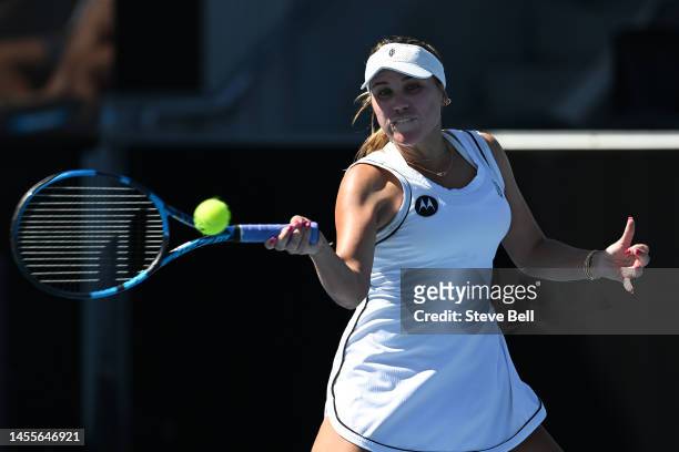 Sofia Kenin of USA competes against Maryna Zavenska of Belarus during day three of the 2023 Hobart International at Domain Tennis Centre on January...