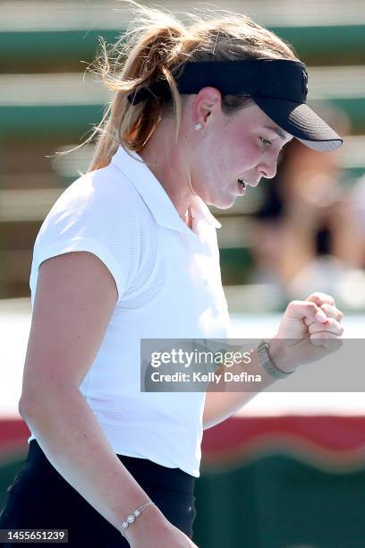 Donna Vekic of Croatia celebrates winning the match during day two of the 2023 Kooyong Classic at Kooyong on January 11, 2023 in Melbourne, Australia.