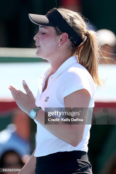 Donna Vekic of Croatia celebrates winning the match during day two of the 2023 Kooyong Classic at Kooyong on January 11, 2023 in Melbourne, Australia.