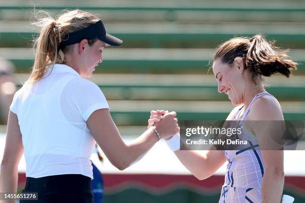 Donna Vekic of Croatia and Kimberly Birrell of Australia shake hands during day two of the 2023 Kooyong Classic at Kooyong on January 11, 2023 in...