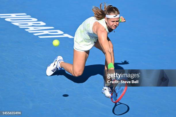 Marie Bouzkova of Czech Republic competes against Anna Blinkova of Russia during day three of the 2023 Hobart International at Domain Tennis Centre...