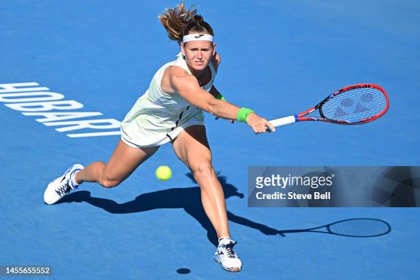 Marie Bouzkova of Czech Republic competes against Anna Blinkova of Russia during day three of the 2023 Hobart International at Domain Tennis Centre...