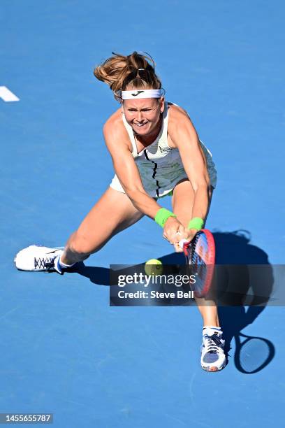 Marie Bouzkova of Czech Republic competes against Anna Blinkova of Russia during day three of the 2023 Hobart International at Domain Tennis Centre...