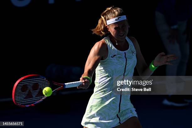 Marie Bouzkova of Czech Republic competes against Anna Blinkova of Russia during day three of the 2023 Hobart International at Domain Tennis Centre...