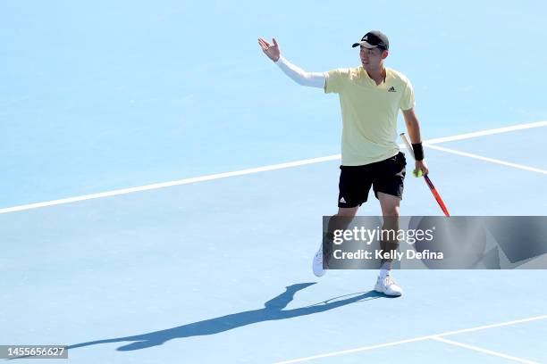 Wu Yibing of China celebrates winning the match during day two of the 2023 Kooyong Classic at Kooyong on January 11, 2023 in Melbourne, Australia.
