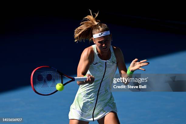 Marie Bouzkova of Czech Republic competes against Anna Blinkova of Russia during day three of the 2023 Hobart International at Domain Tennis Centre...