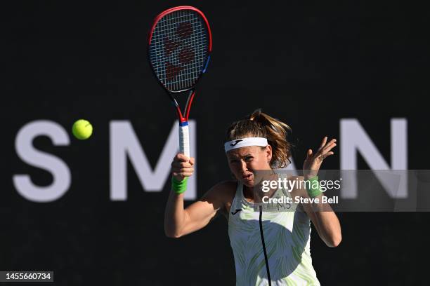 Marie Bouzkova of Czech Republic competes against Anna Blinkova of Russia during day three of the 2023 Hobart International at Domain Tennis Centre...