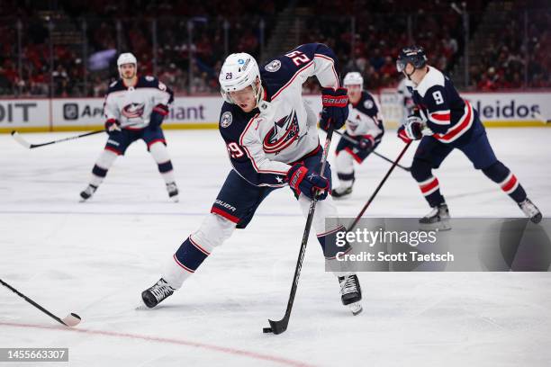 Patrik Laine of the Columbus Blue Jackets skates with the puck against the Washington Capitals during the first period of the game at Capital One...