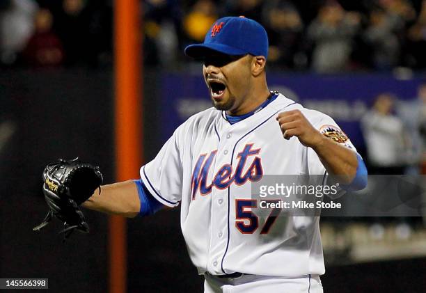 Johan Santana of the New York Mets celebrates after pitching a no hitter against the St. Louis Cardinals at Citi Field on June 1, 2012 in the...
