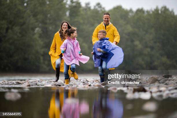 playful family in raincoats chasing by the lake on rain. - river rocks stock pictures, royalty-free photos & images