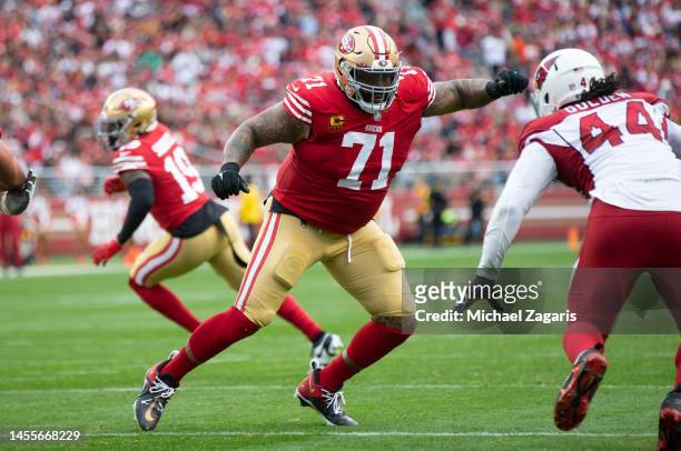Trent Williams of the San Francisco 49ers blocks during the game against the Arizona Cardinals at Levi's Stadium on January 8, 2023 in Santa Clara,...