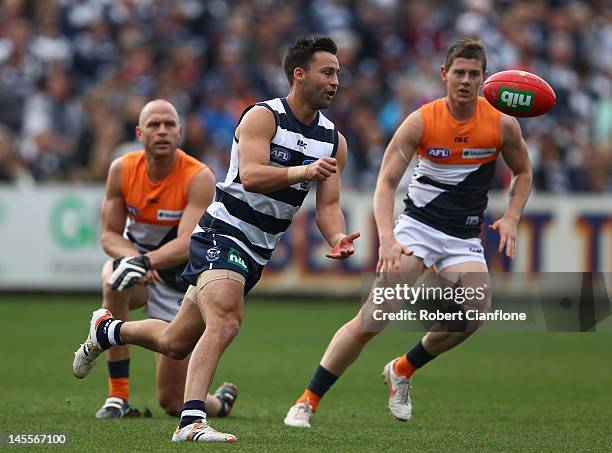 Jimmy Bartel of the Cats handballs during the round 10 AFL match between the Geelong Cats and the Greater Western Sydney Giants at Simonds Stadium on...