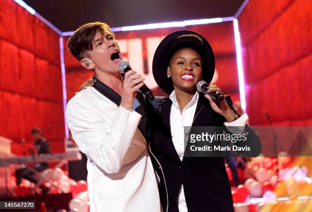Singer Nate Ruess of fun. And singer Janelle Monae perform at rehearsals for the 2012 MTV Movie Awards on June 1, 2012 in Universal City, California.