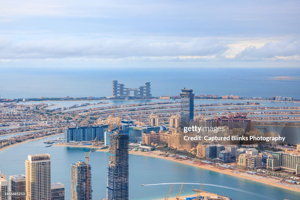 Aerial view of Palm Jumeirah Islands off the Dubai coastline