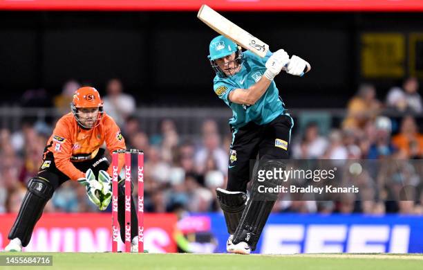 Marnus Labuschagne of the Heat plays a shot during the Men's Big Bash League match between the Brisbane Heat and the Perth Scorchers at The Gabba, on...