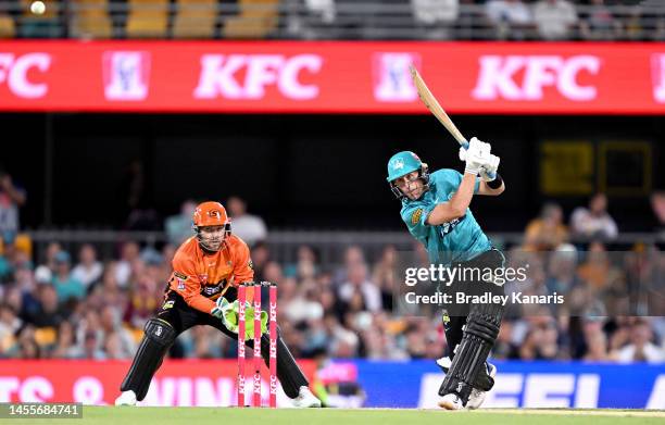 Marnus Labuschagne of the Heat plays a shot during the Men's Big Bash League match between the Brisbane Heat and the Perth Scorchers at The Gabba, on...