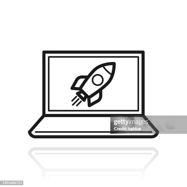 laptop with rocket. icon with reflection on white background - rocket white background stock illustrations