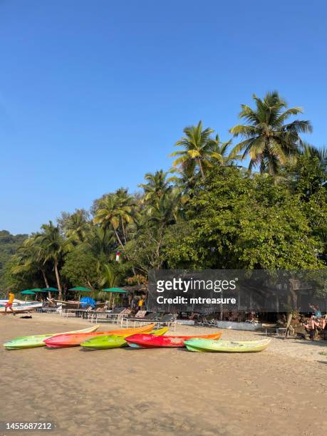 image of rows of kayaks, canoes, fishing boats, palolem beach, goa, india, coconut palm trees, sunbathers on holiday vacation sun loungers and parasol umbrellas, beach restaurants, holidaymakers, focus on foreground - goa resort stock pictures, royalty-free photos & images