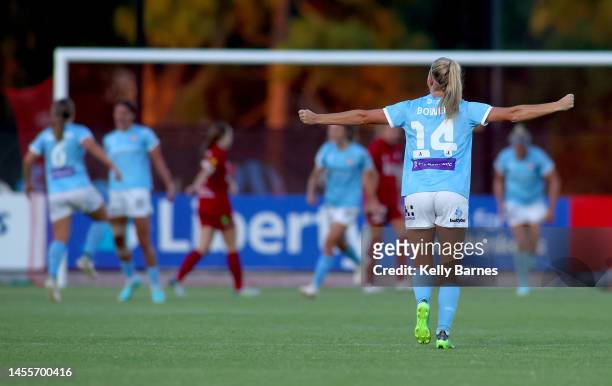 Katie Bowen of City celebrates the second city goal during the round 10 A-League Women's match between Adelaide United and Melbourne City at...