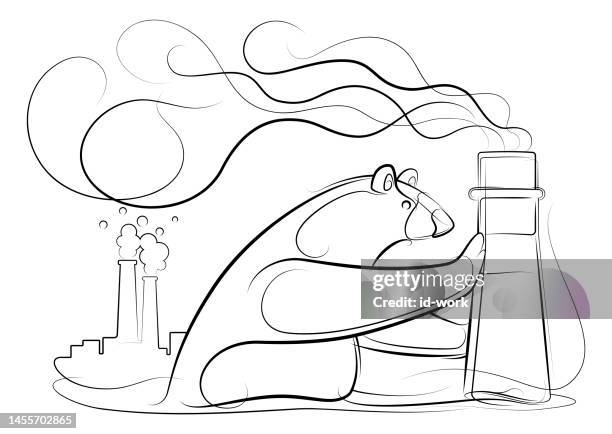 polar bear pushing smoking chimney lines drawing - breathing problem stock illustrations