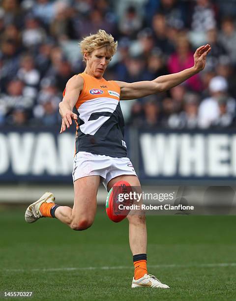 Nick Haynes of the Giants kicks the ball during the round 10 AFL match between the Geelong Cats and the Greater Western Sydney Giants at Simonds...