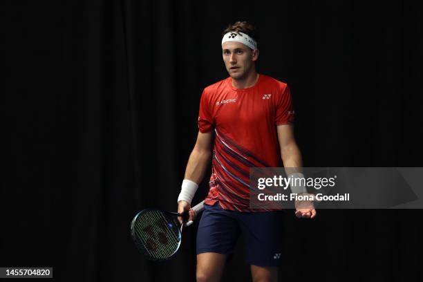 Casper Ruud of Norway reacts against Laslo Djere of Serbia during day three of the 2023 ASB Classic Men's at the ASB Tennis Arena on January 11, 2023...