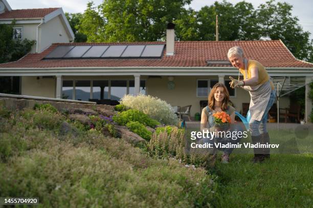 a grandmother pointing to something in the garden - autarkie stockfoto's en -beelden