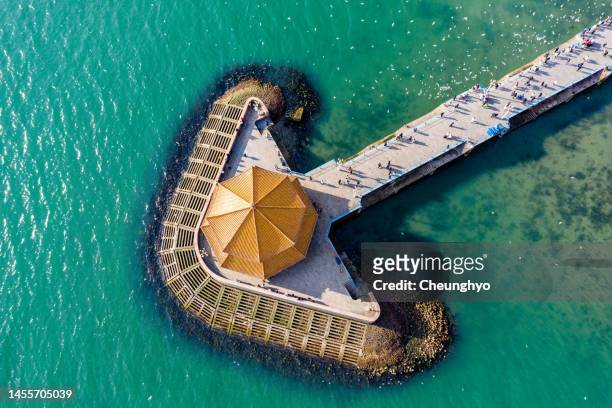 drone aerial view of the zhanqiao park in qingdao city, shandong province, china - groyne stock pictures, royalty-free photos & images