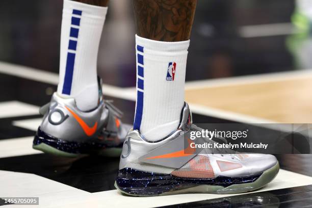 Detailed view of the shoes of John Wall of the Los Angeles Clippers during the second quarter against the Dallas Mavericks at Crypto.com Arena on...