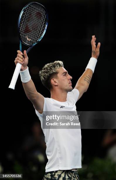 Thanasi Kokkinakis of Australia defeats Andrey Rublev during day three of the 2023 Adelaide International at Memorial Drive on January 11, 2023 in...